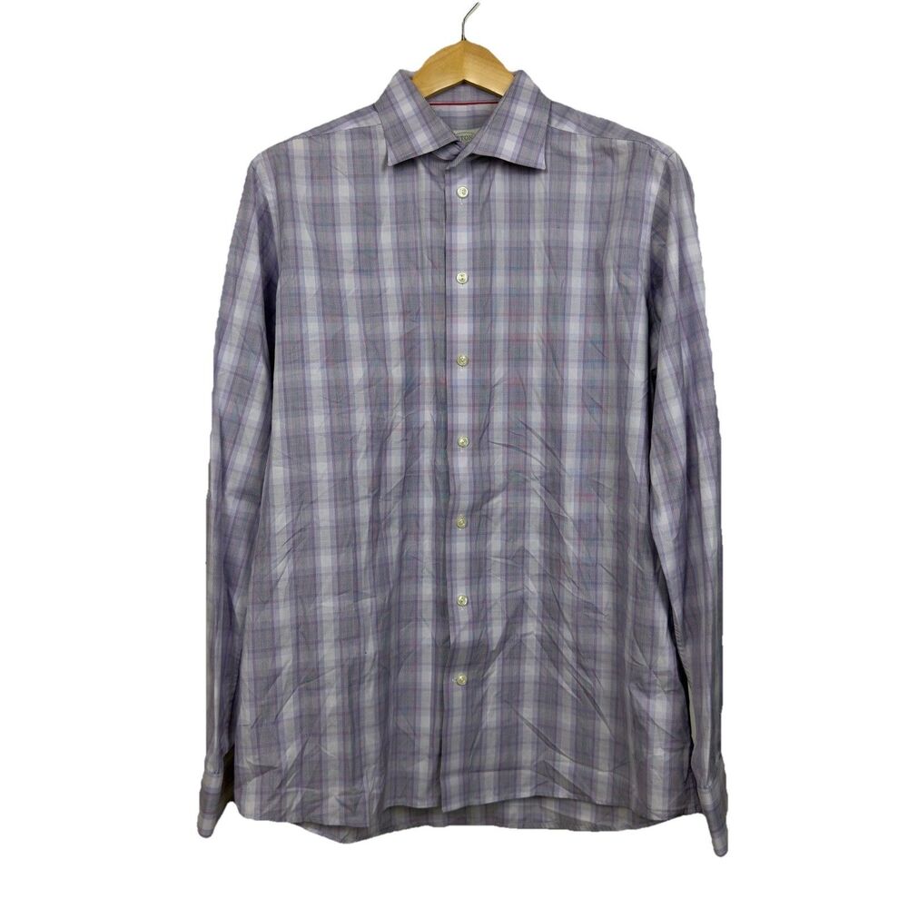 Eton Contemporary Fit Dress Shirt Mens 17.5 44 Long Sleeve Purple White Plaid